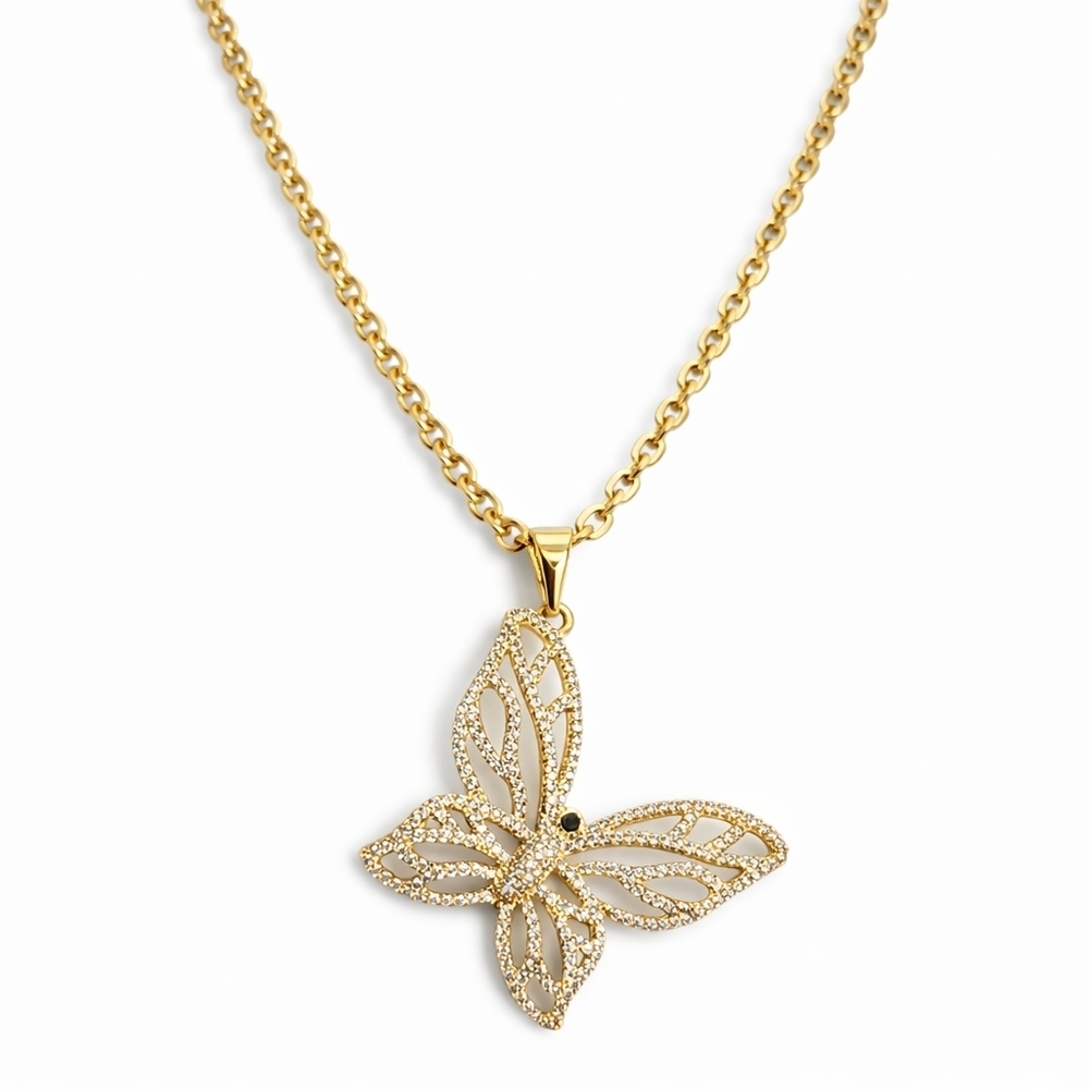 Gold Plated Butterfly Necklace Chain CZ Pendant Elegant Dainty - Picture 5 of 5